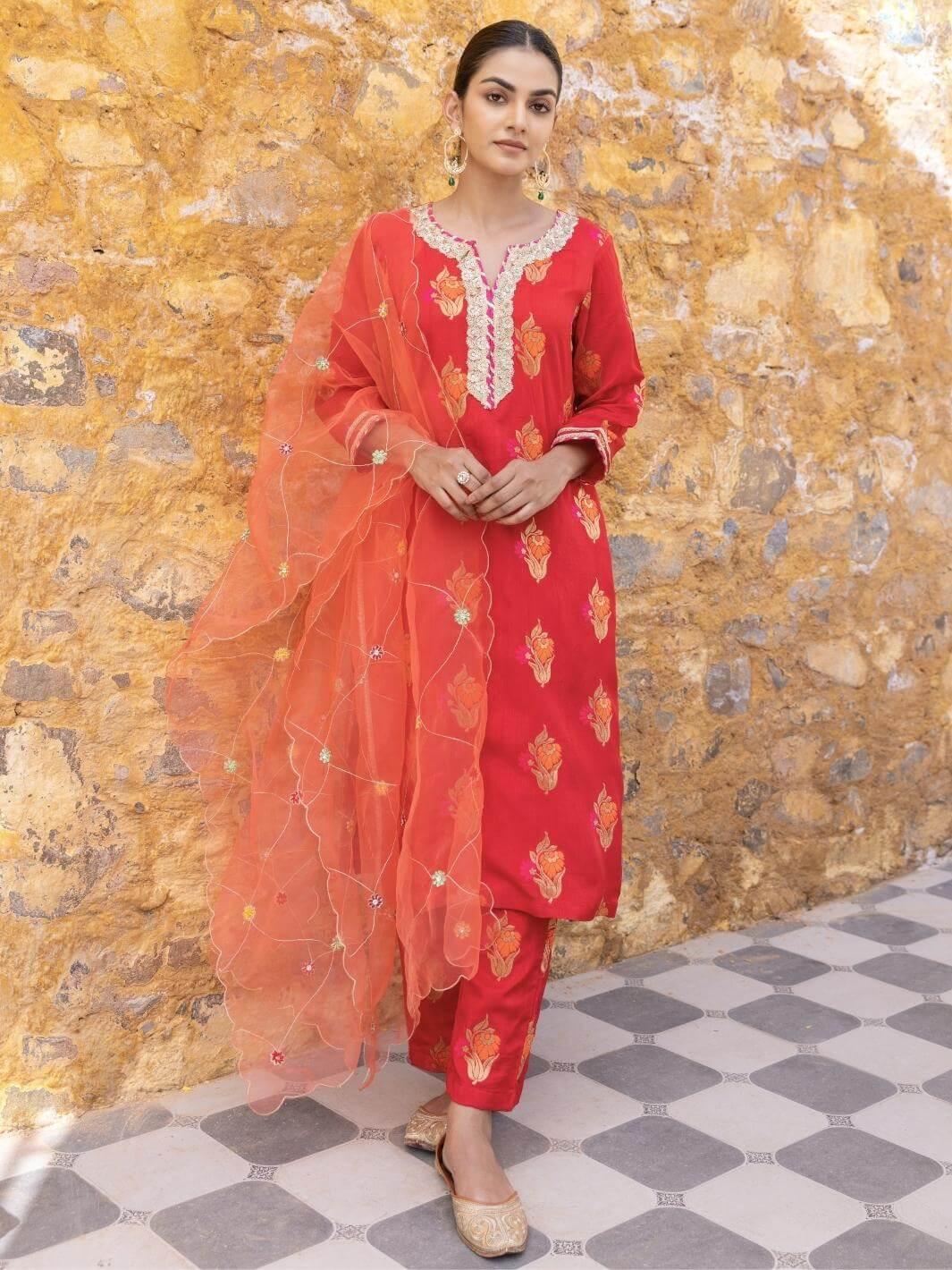 Red Ethnic Straight Kurta Set with Embroidered Dupatta - Myaara