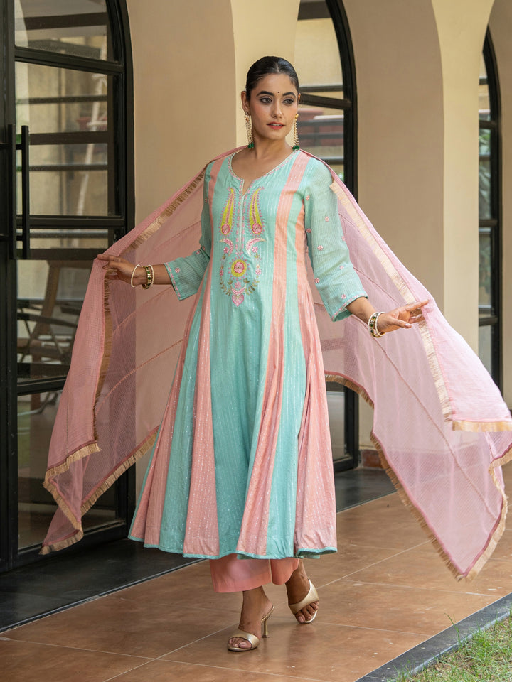 Peach & Mint Embroidered Panelled Anarkali Paired with Matching Pants & Dupatta