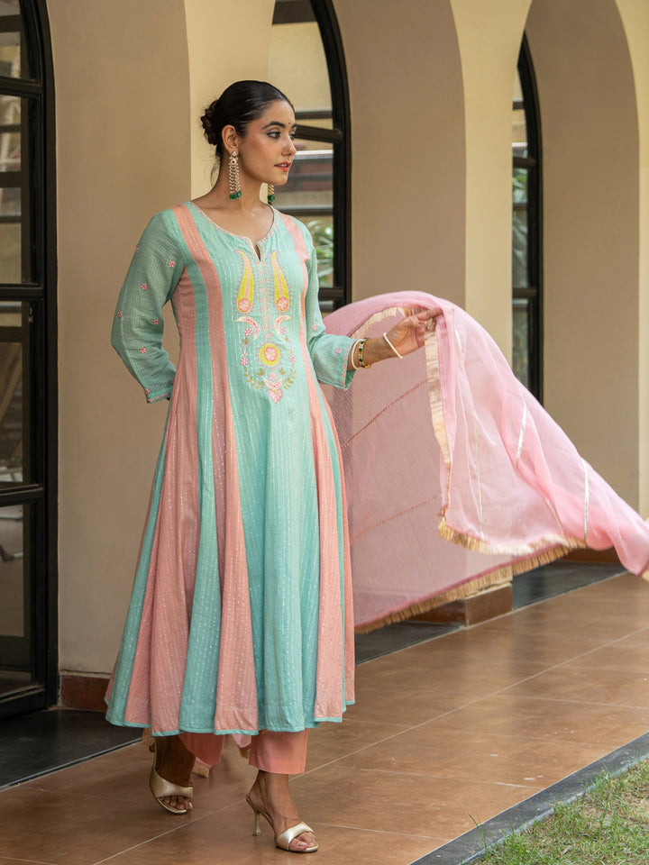 Peach & Mint Embroidered Panelled Anarkali Paired with Matching Pants & Dupatta