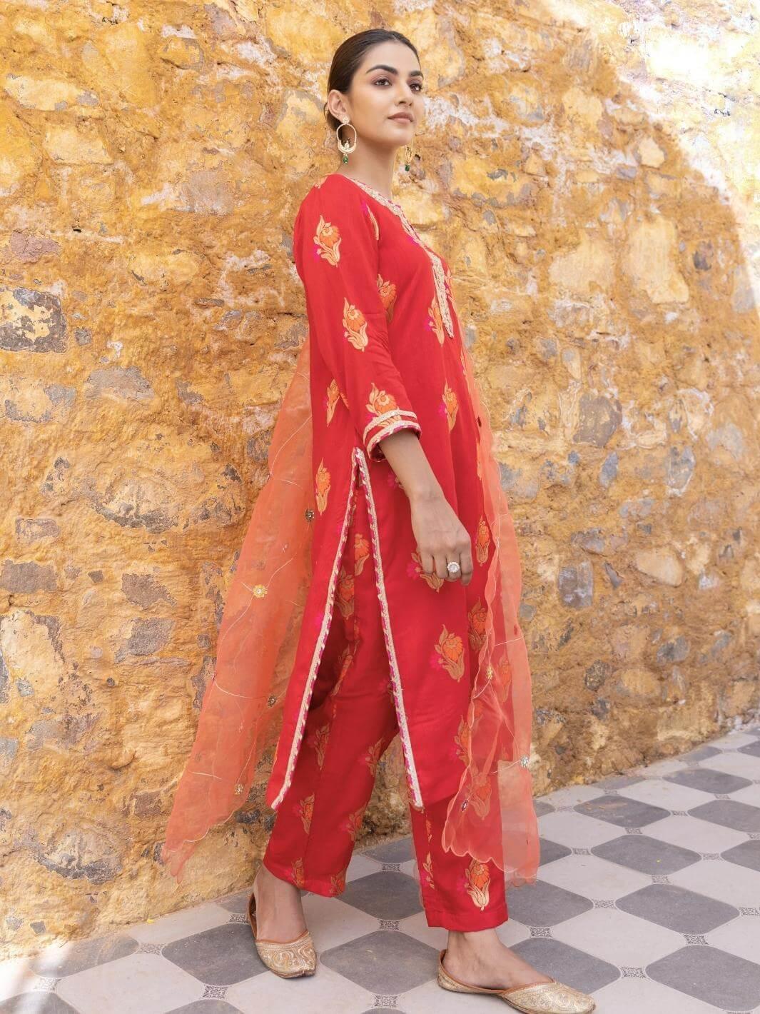 Red Ethnic Straight Kurta Set with Embroidered Dupatta - Myaara