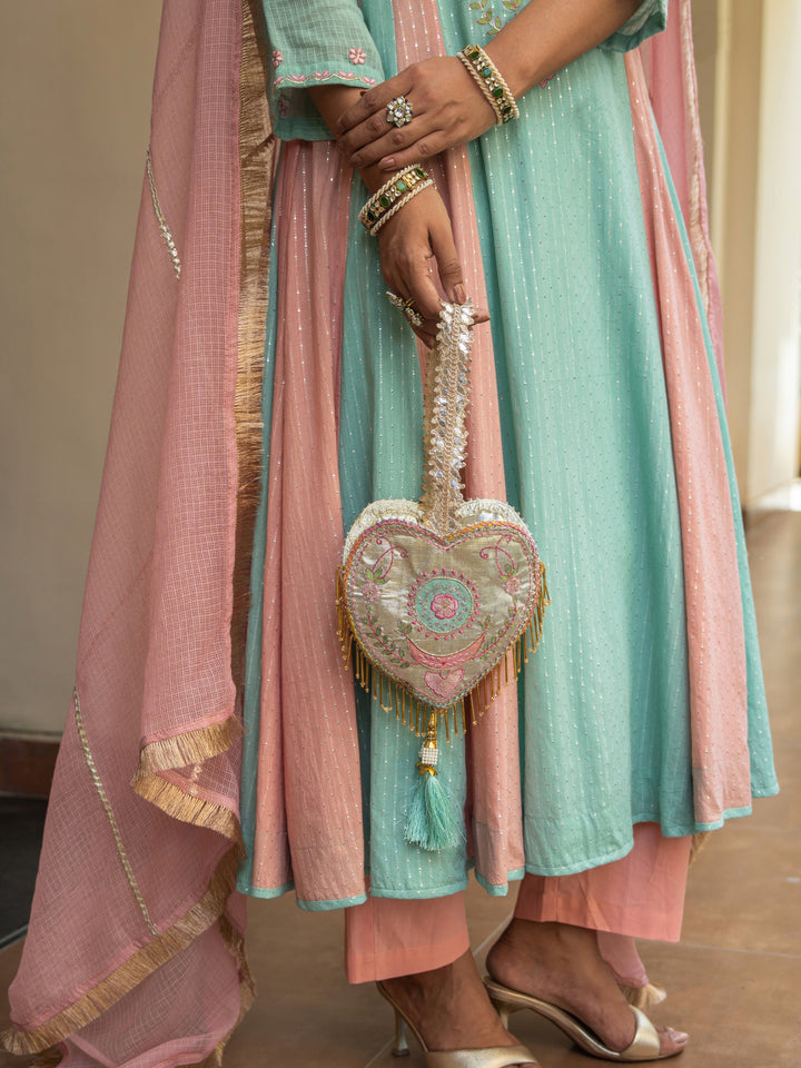 Peach & Mint Embroidered Panelled Anarkali Paired with Matching Pants & Dupatta