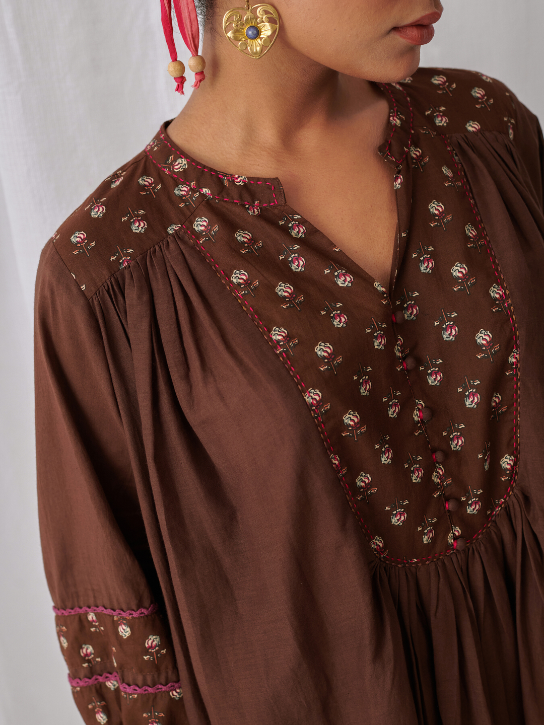 Brown Floral Gathered Free Size Kurta Paired With Matching Pants