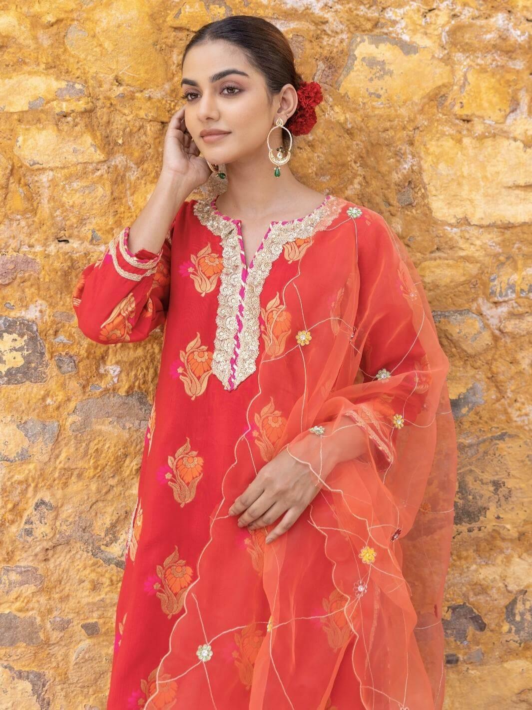 Red Ethnic Straight Kurta Set with Embroidered Dupatta - Myaara