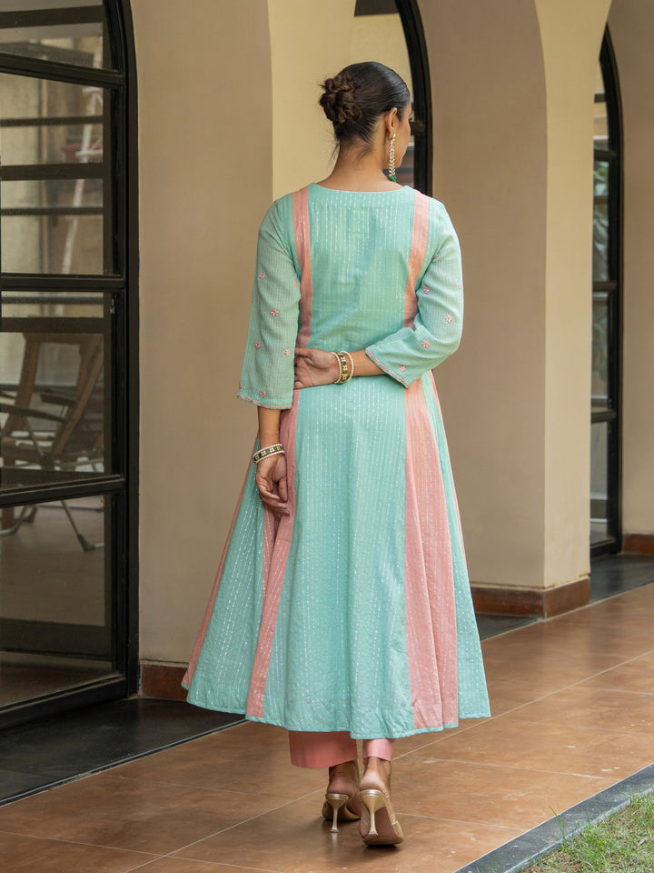 Peach & Mint Embroidered Panelled Anarkali Paired with Matching Pants & Dupatta