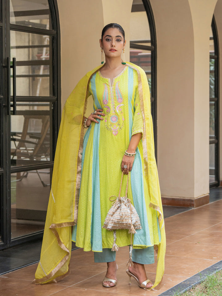 Mint & Lime Embroidered Panelled Anarkali Paired with Matching Pants & Dupatta