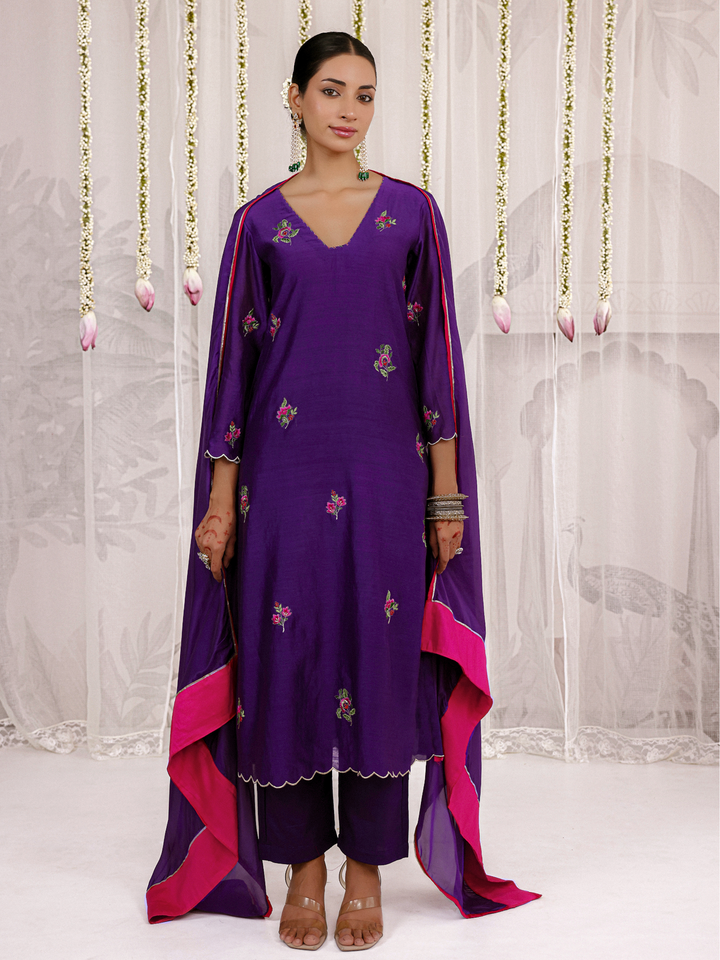 Purple Straight Kurta Set With Floral Embroidery