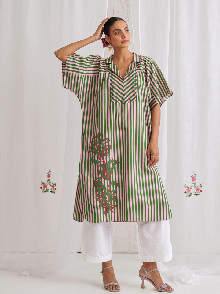 Pink & Green Striped Kaftan With Embroidery Paired With White Pants