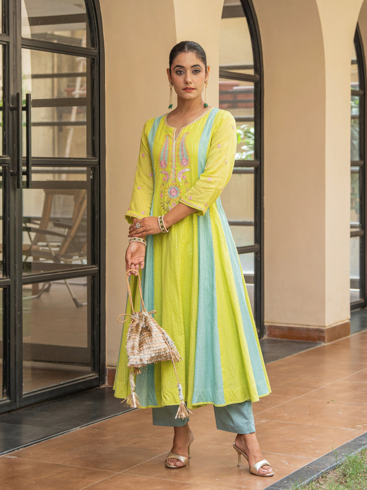 Mint & Lime Embroidered Panelled Anarkali Paired with Matching Pants & Dupatta