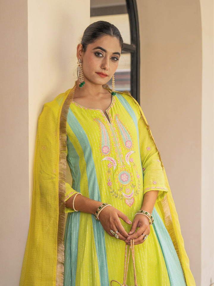Mint & Lime Embroidered Panelled Anarkali Paired with Matching Pants & Dupatta