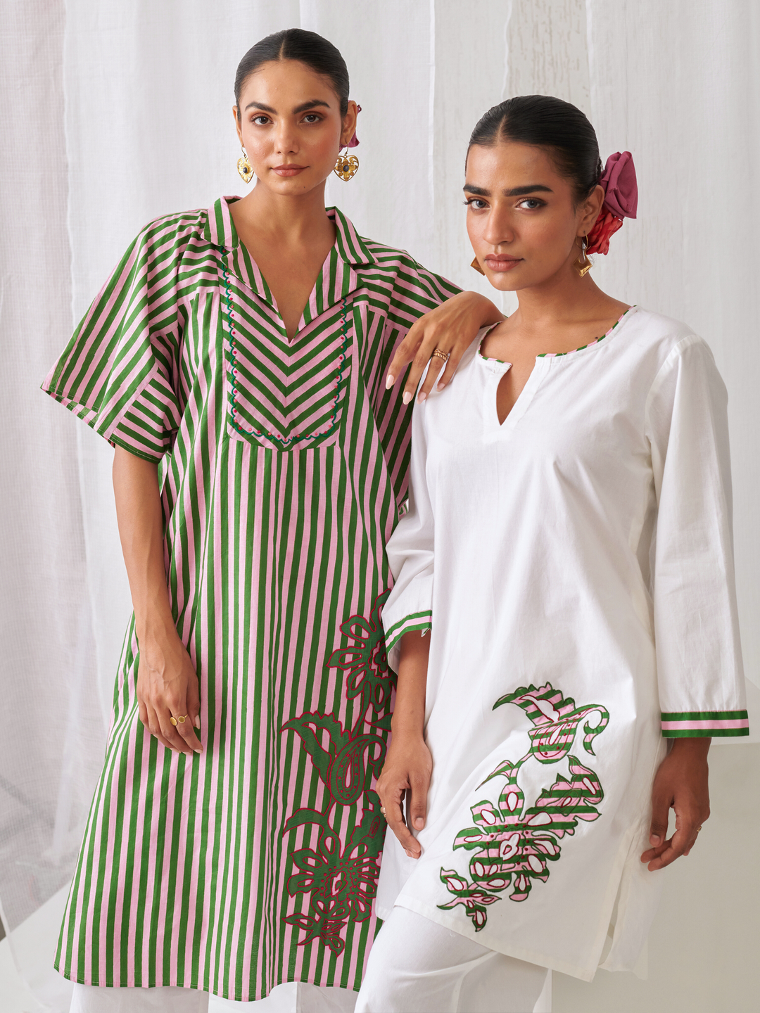 Pink & Green Striped Kaftan With Embroidery Paired With White Pants