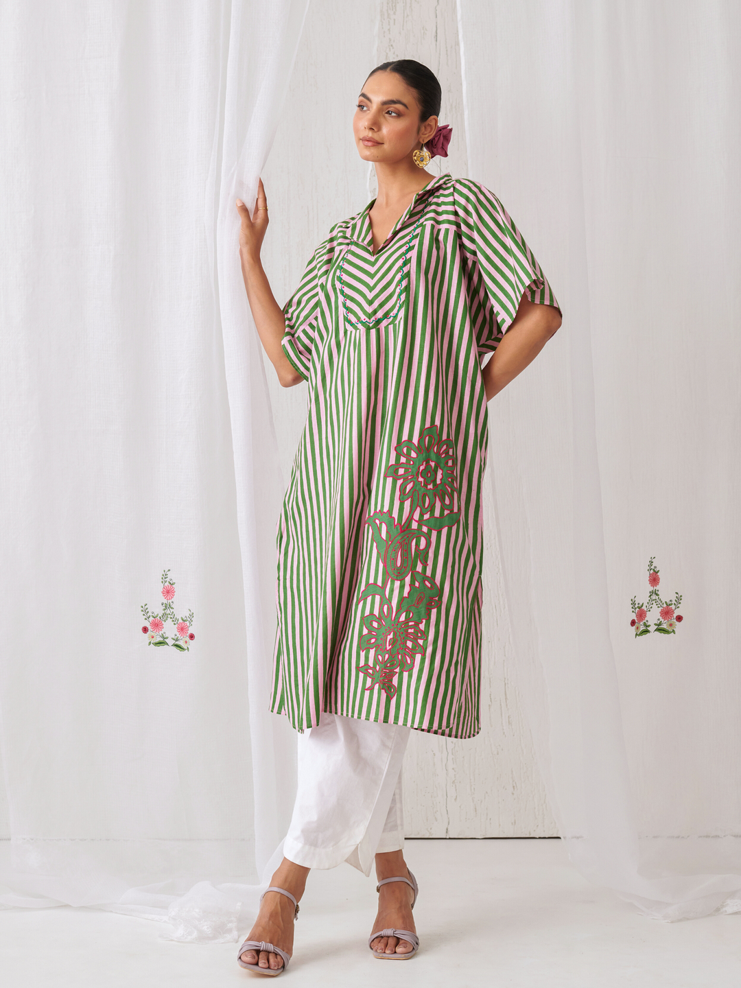 Pink & Green Striped Kaftan With Embroidery Paired With White Pants