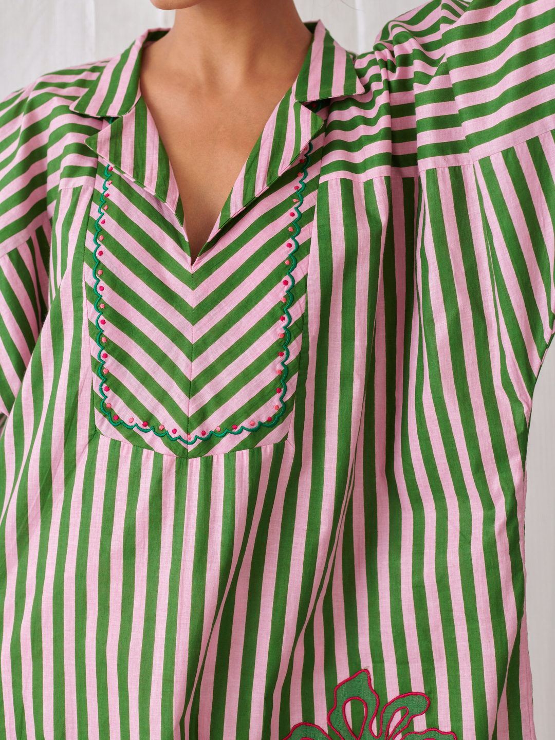 Pink & Green Striped Kaftan With Embroidery Paired With White Pants