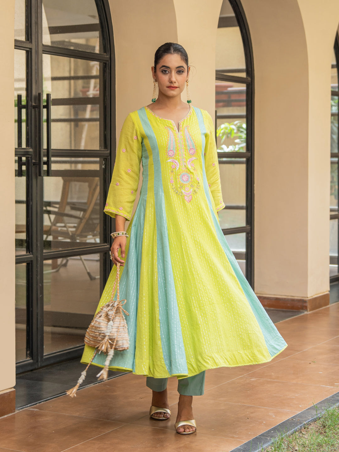 Mint & Lime Embroidered Panelled Anarkali Paired with Matching Pants & Dupatta