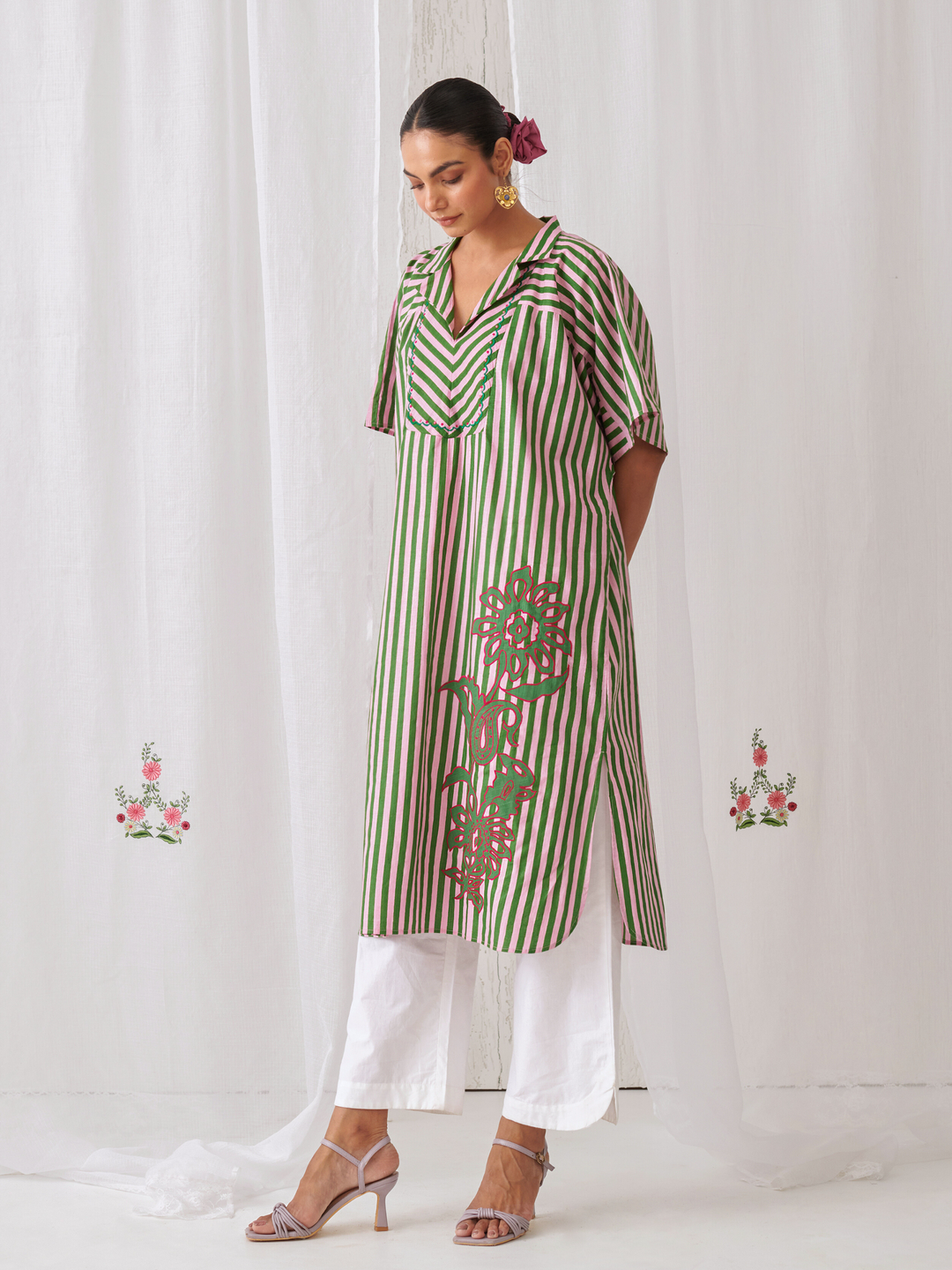 Pink & Green Striped Kaftan With Embroidery Paired With White Pants