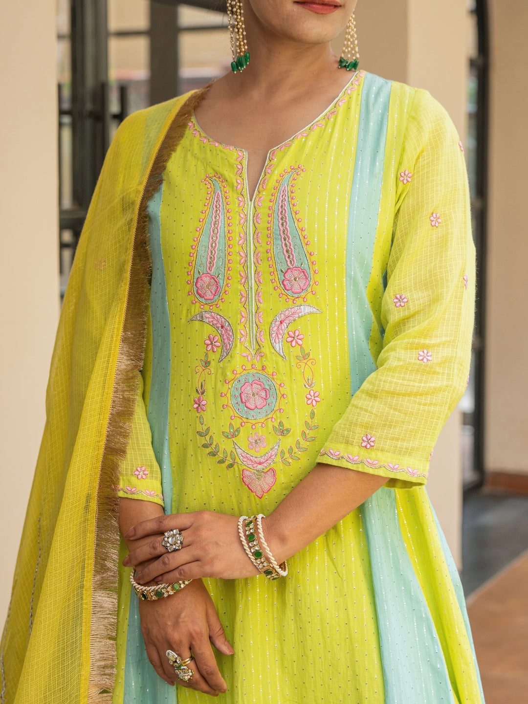 Mint & Lime Embroidered Panelled Anarkali Paired with Matching Pants & Dupatta