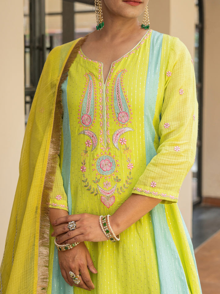 Mint & Lime Embroidered Panelled Anarkali Paired with Matching Pants & Dupatta
