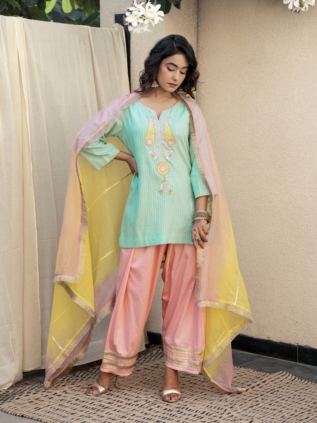 Mint Green Short Embroidered Kurta Paired With Farshi & Ombre Dupatta
