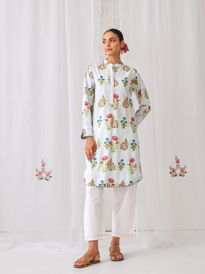 Aqua Floral Short Kurta With Band Collar Paired With White Straight Pants