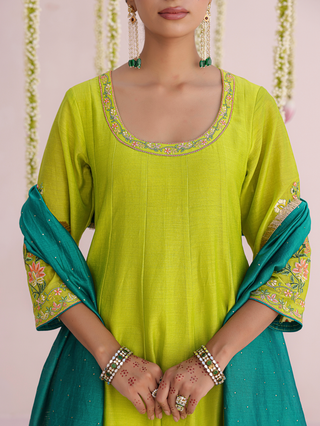 Lemon Anarkali Set With Floral Embroidery Details