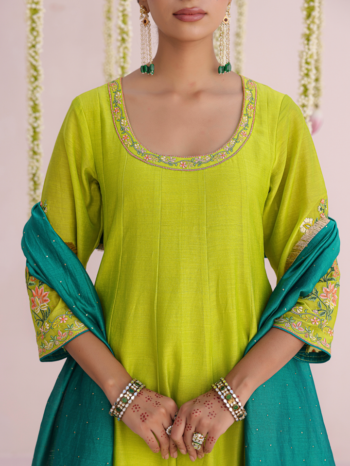 Lemon Anarkali Set With Floral Embroidery Details
