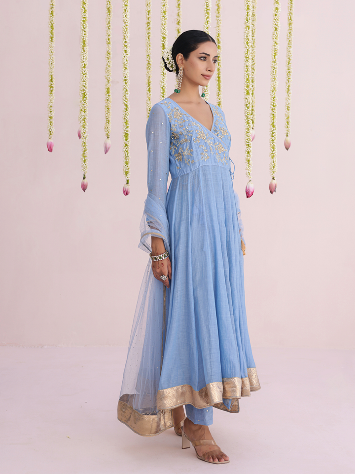 Dusty Blue Angarakha With Embroidered Yoke