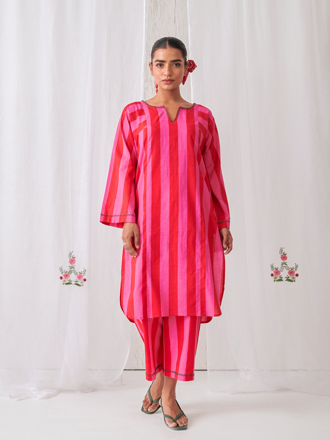 Pink & Red Stripes Short Phiran Kurta Paired With Matching Pants