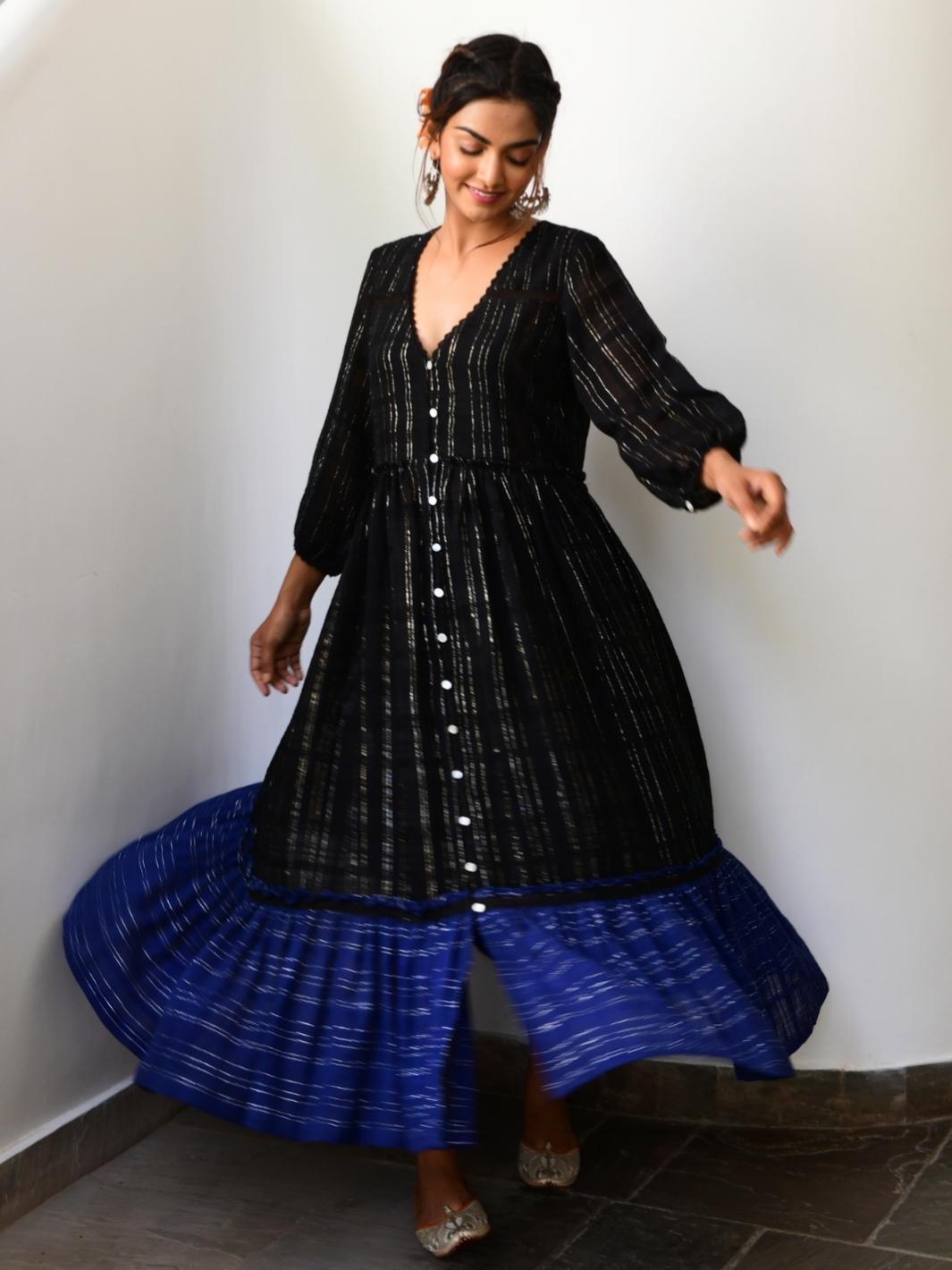 Black & Blue Cotton Lurex Ethnic Dress - Myaara