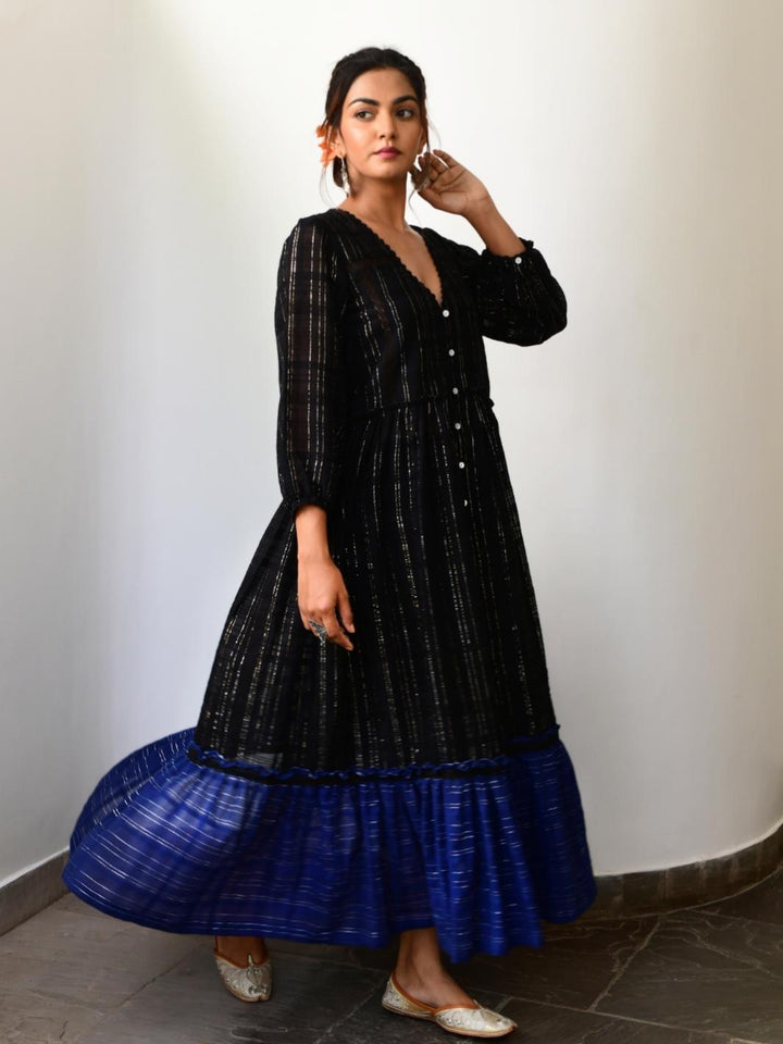 Black & Blue Cotton Lurex Ethnic Dress - Myaara