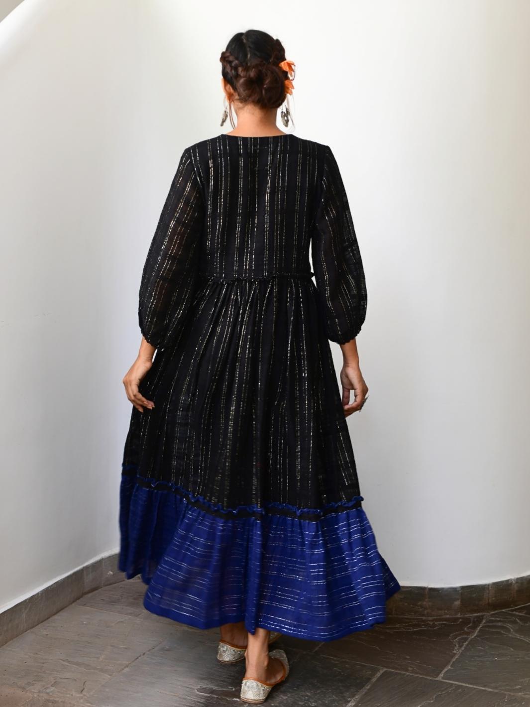 Black & Blue Cotton Lurex Ethnic Dress - Myaara