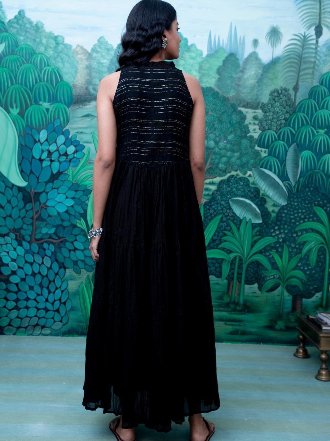 Black Cotton Lurex Ethnic Dress with Tassels - Myaara