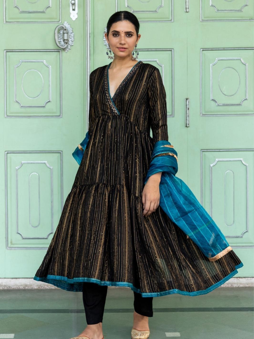 Black Embroidered Anarkali Set with Organza Dupatta - Myaara