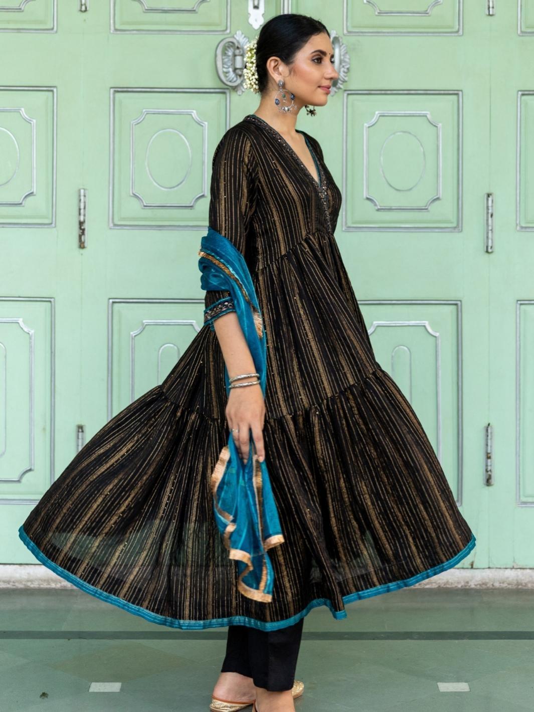 Black Embroidered Anarkali Set with Organza Dupatta - Myaara
