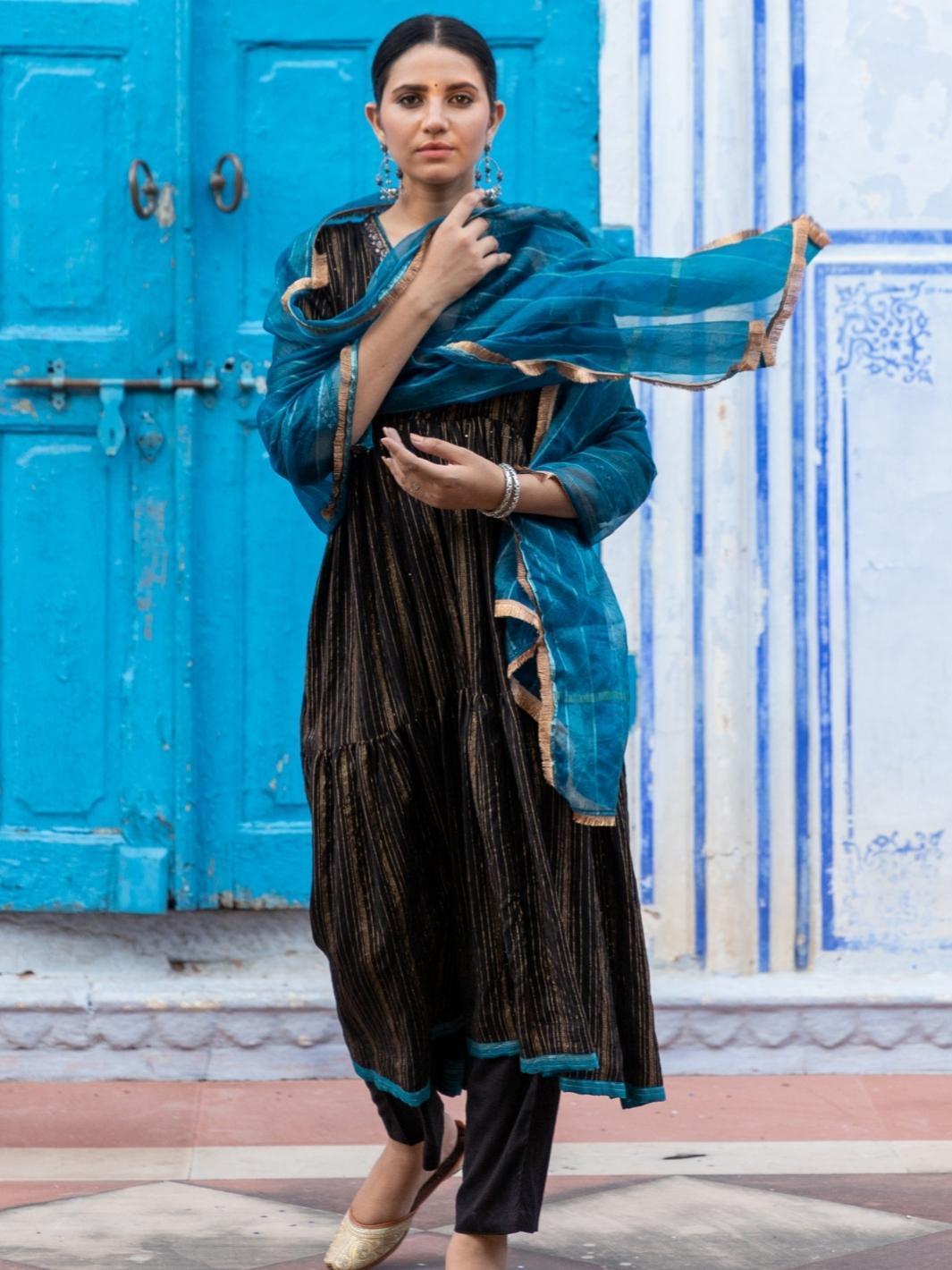 Black Embroidered Anarkali Set with Organza Dupatta - Myaara