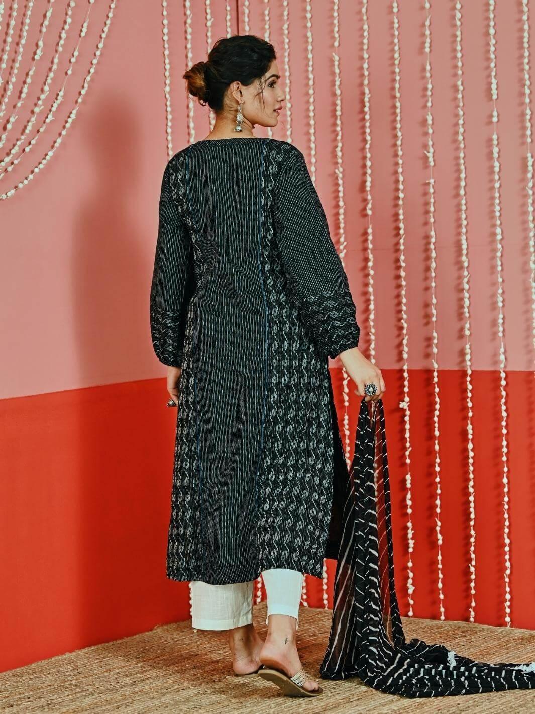 Black Kantha ACotton Kurta Set with Leheriya Chiffon Dupatta - Myaara