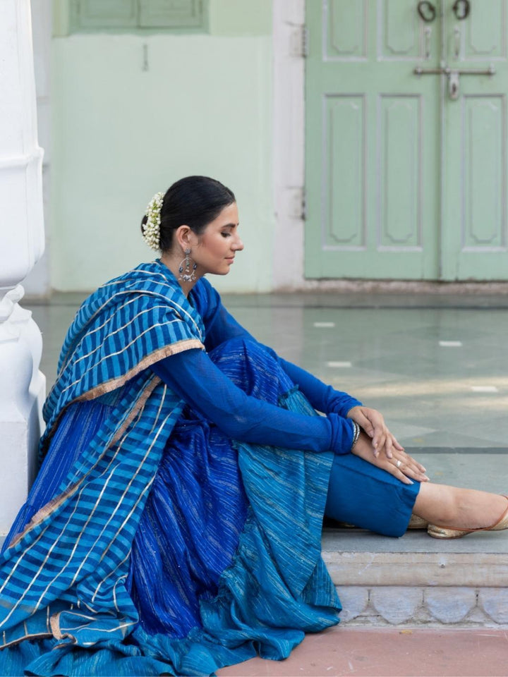 Blue Chanderi Blend Ethnic Anarkali Set with Cotton Organza Dupatta - Myaara