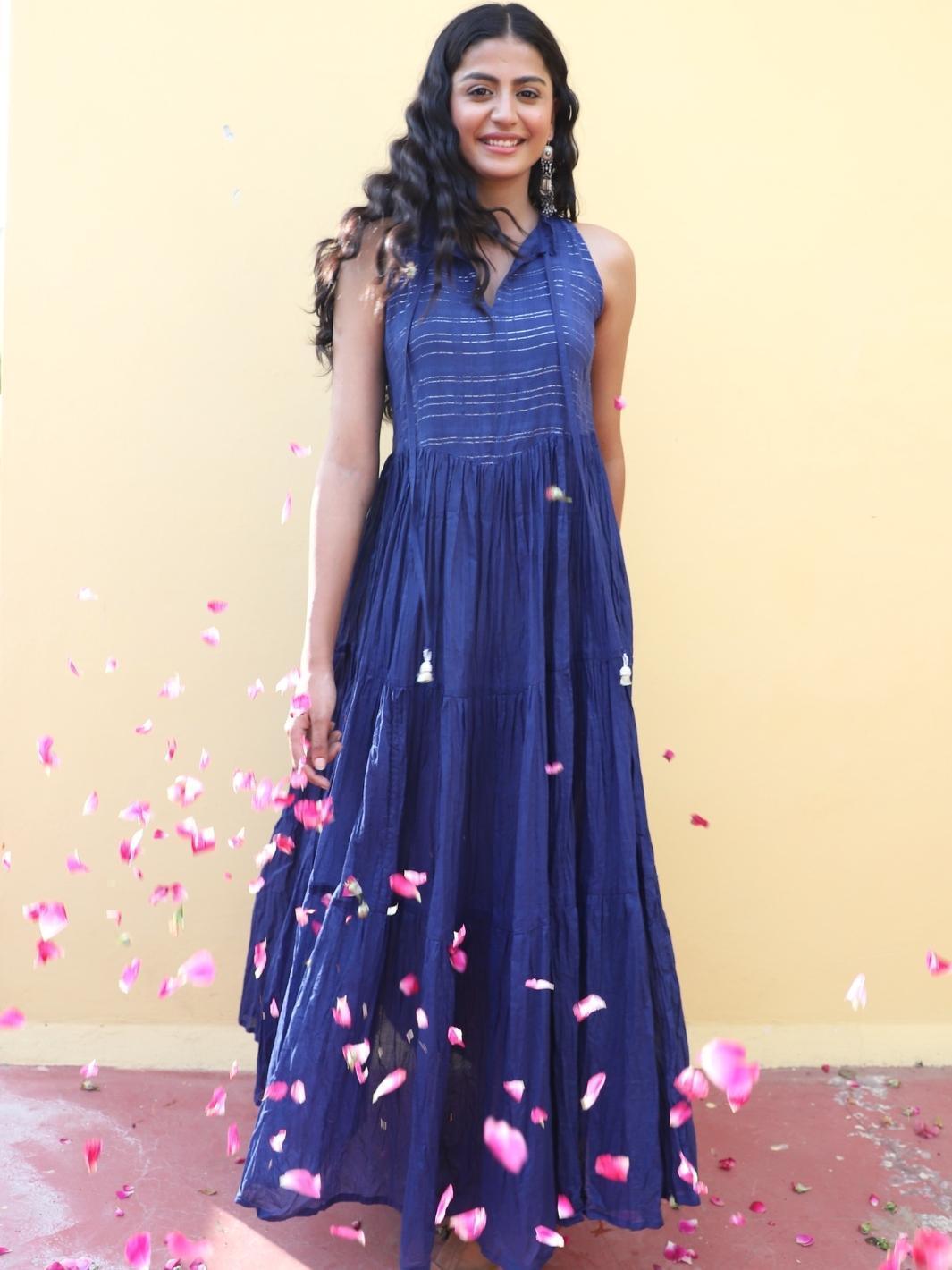 Blue Cotton Lurex Ethnic Dress with Tassels - Myaara