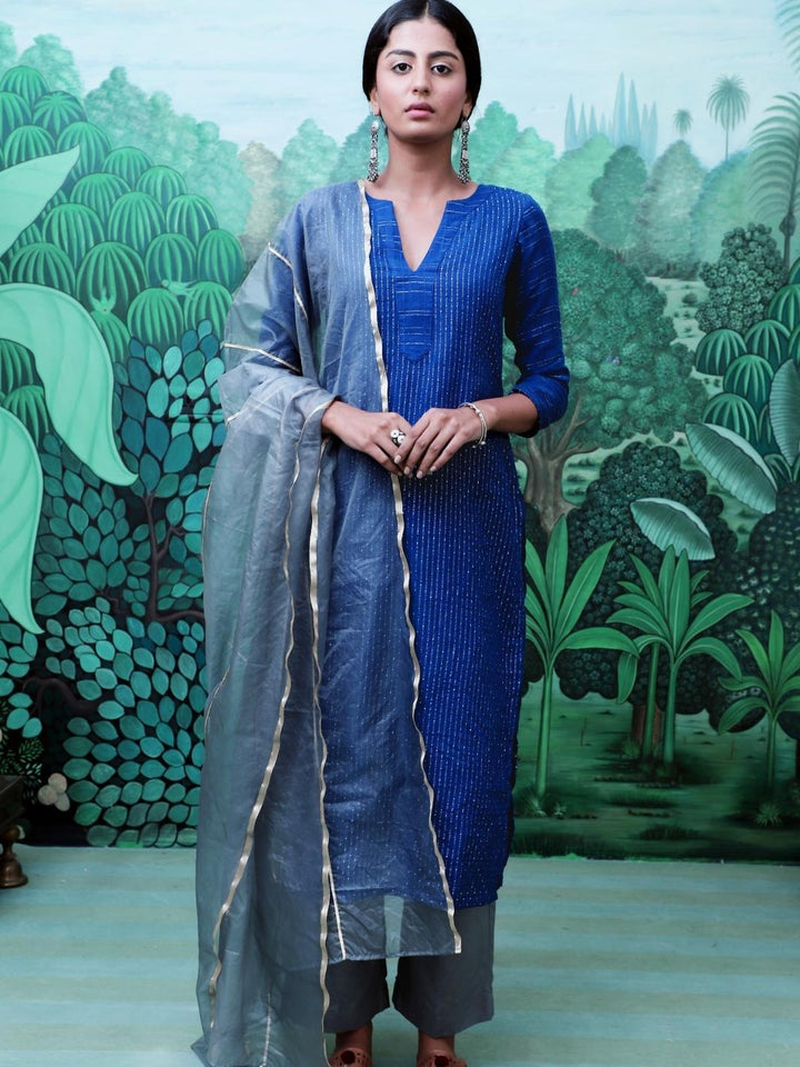 Blue Cotton Lurex Ethnic Kurta Set with Organza Dupatta - Myaara