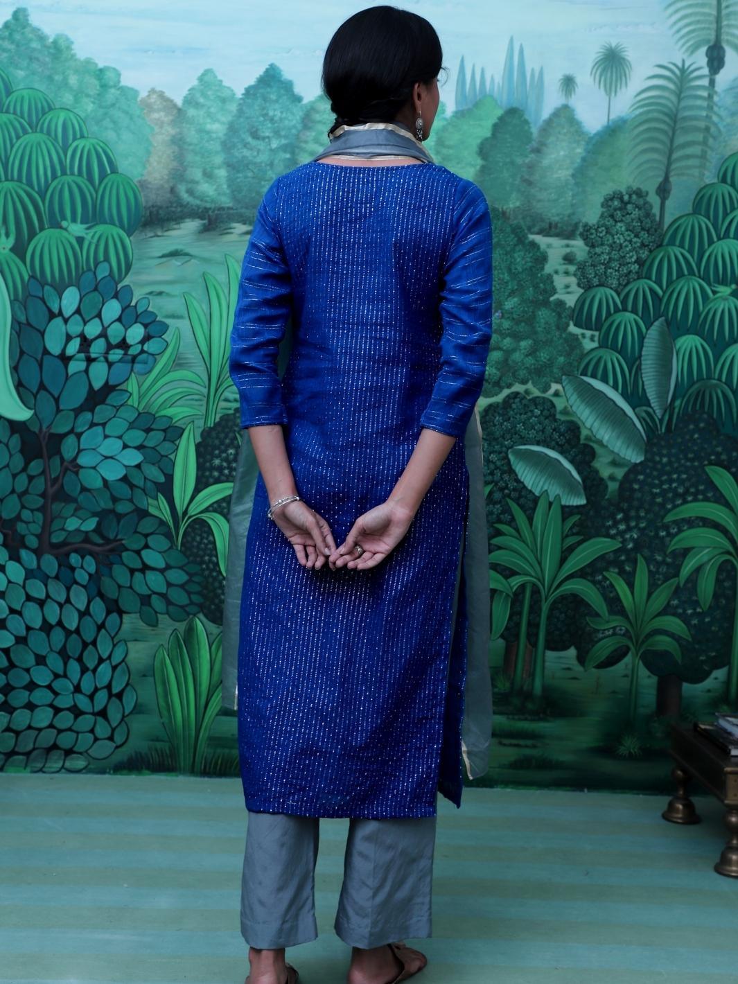 Blue Cotton Lurex Ethnic Kurta Set with Organza Dupatta - Myaara