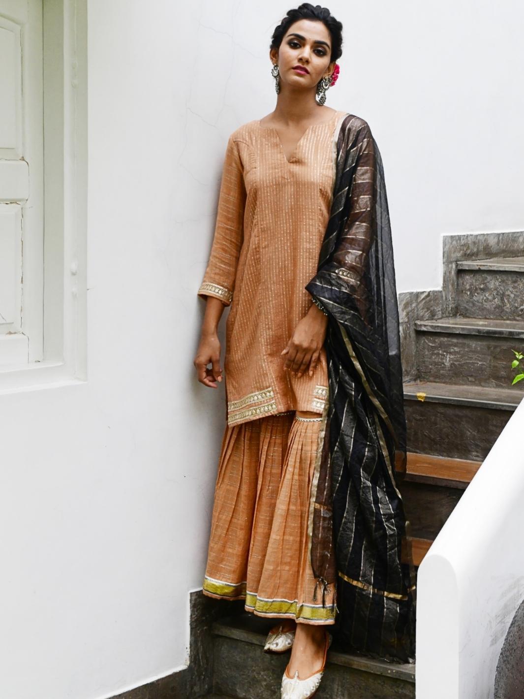 Color Nude Ethnic Sharara Set with Organza Dupatta & Gota-work - Myaara