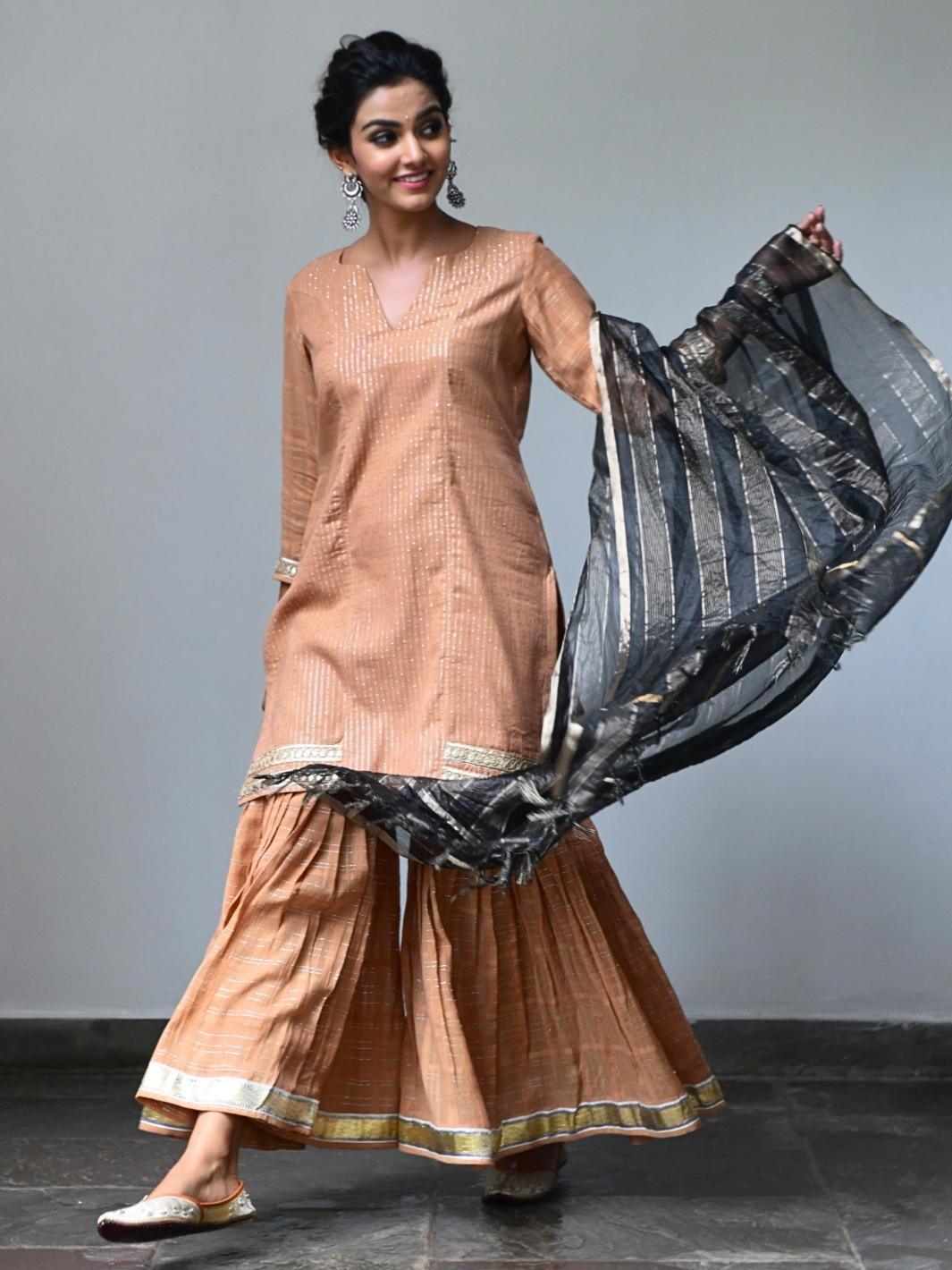 Color Nude Ethnic Sharara Set with Organza Dupatta & Gota-work - Myaara