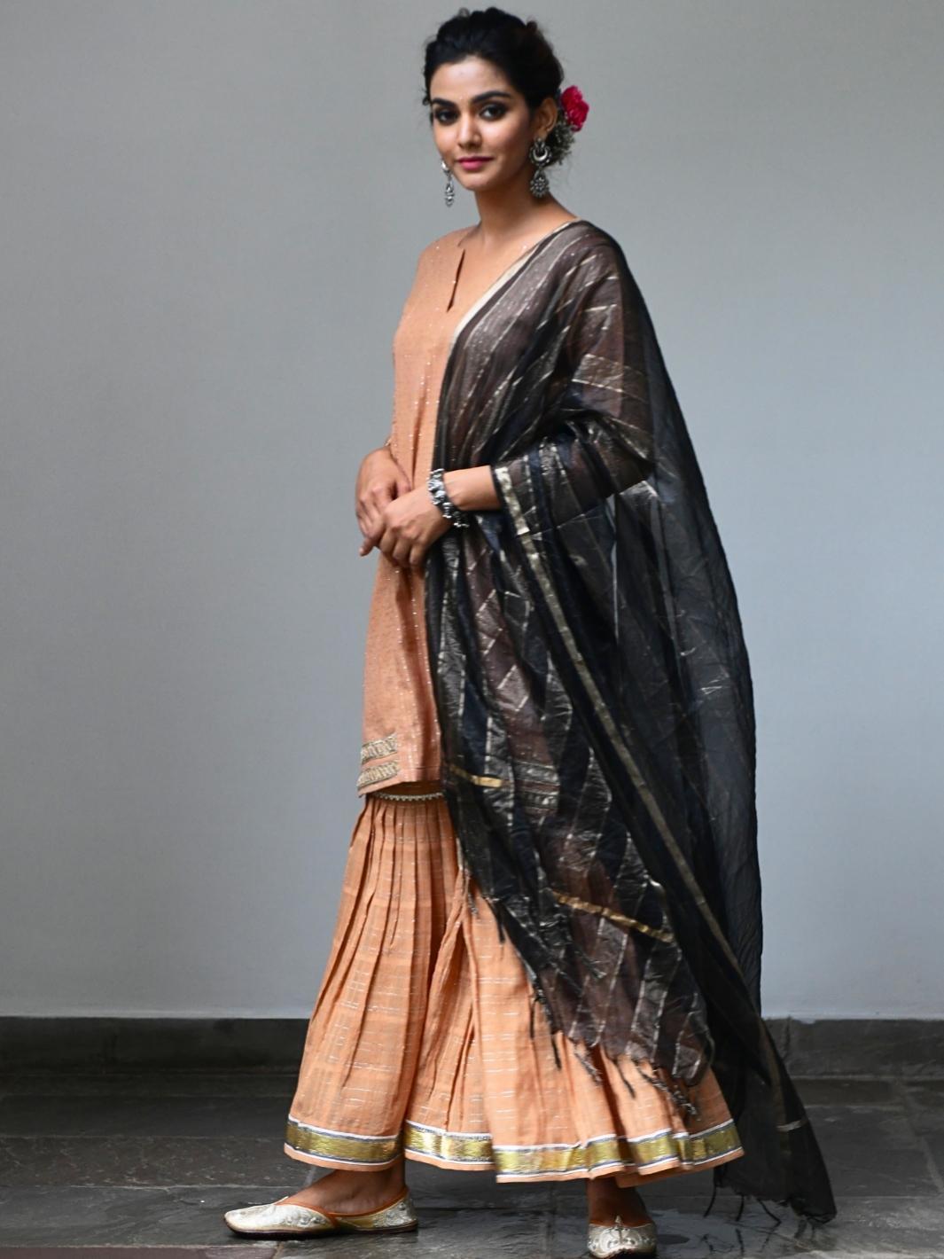 Color Nude Ethnic Sharara Set with Organza Dupatta & Gota-work - Myaara