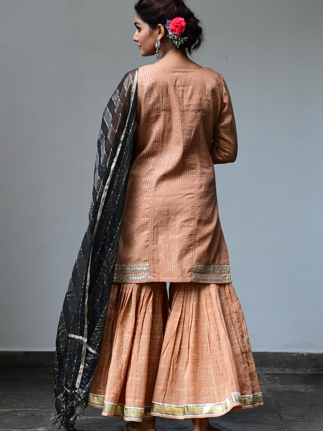 Color Nude Ethnic Sharara Set with Organza Dupatta & Gota-work - Myaara