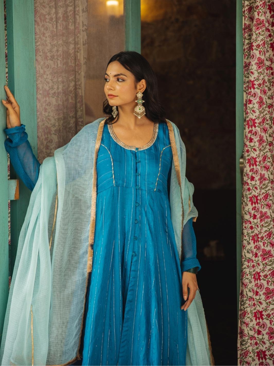 Deep Blue Chanderi Ethnic Anarkali Set with Kota Dupatta - Myaara