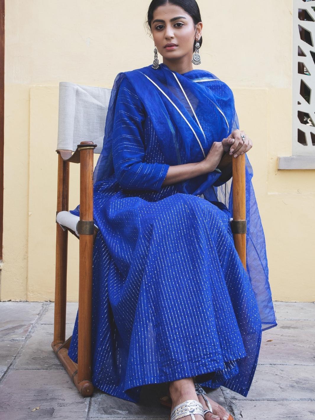 Deep Blue Cotton Lurex Angrakha Set with Organza Dupatta - Myaara