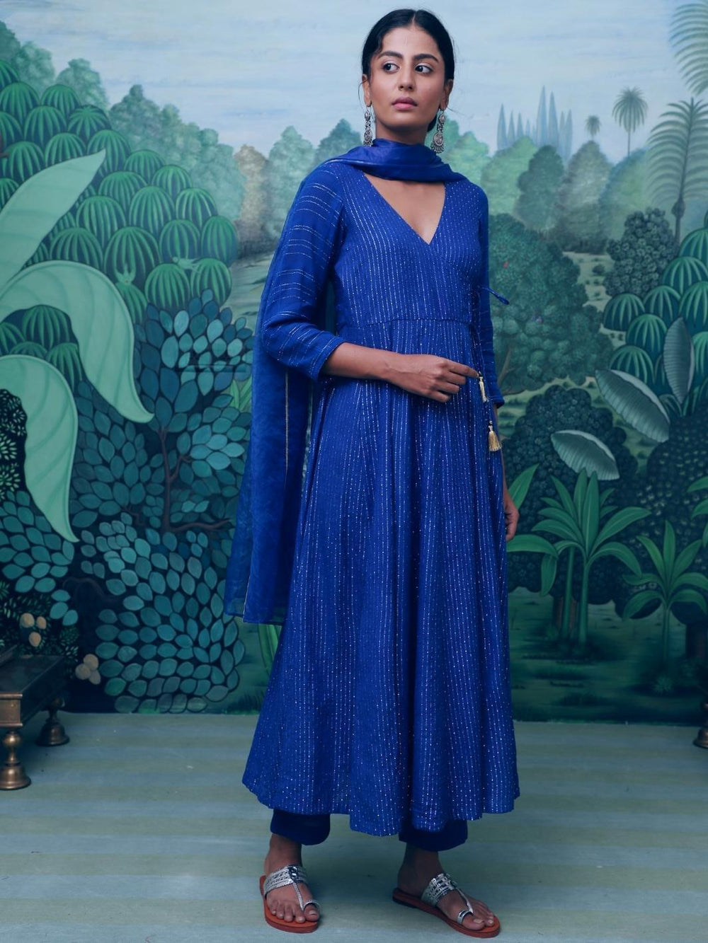 Deep Blue Cotton Lurex Angrakha Set with Organza Dupatta - Myaara