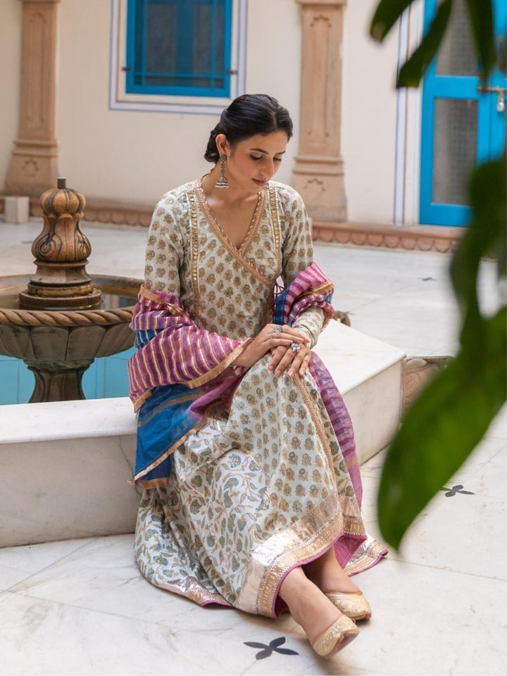 Dusty Blue Printed Angrakha Set with Ombre Dupatta & Gota-work - Myaara