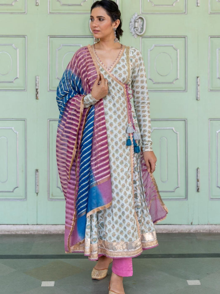 Dusty Blue Printed Angrakha Set with Ombre Dupatta & Gota-work - Myaara