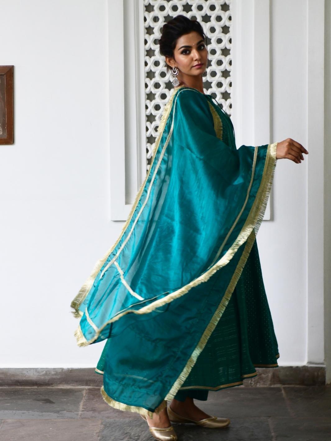 Emerald Cotton Lurex Anarkali Set with Organza Dupatta & Gota-work - Myaara