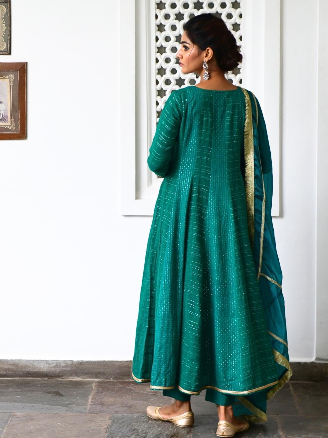 Emerald Cotton Lurex Anarkali Set with Organza Dupatta & Gota-work - Myaara