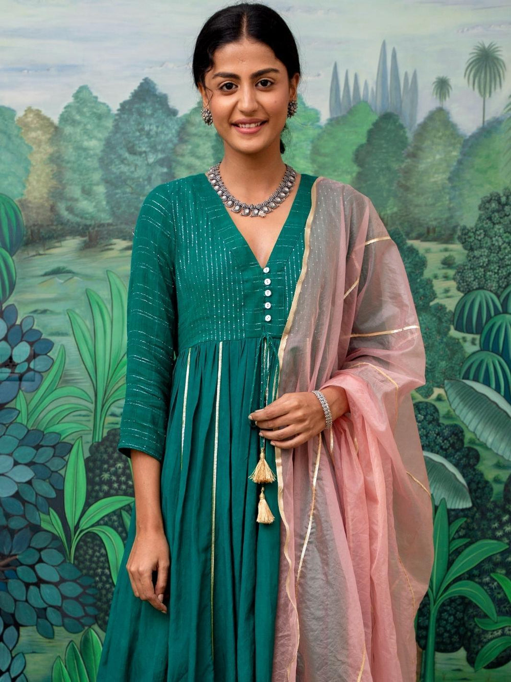 Emerald Green Ethnic Anarkali Set with Soft Pink Dupatta - Myaara